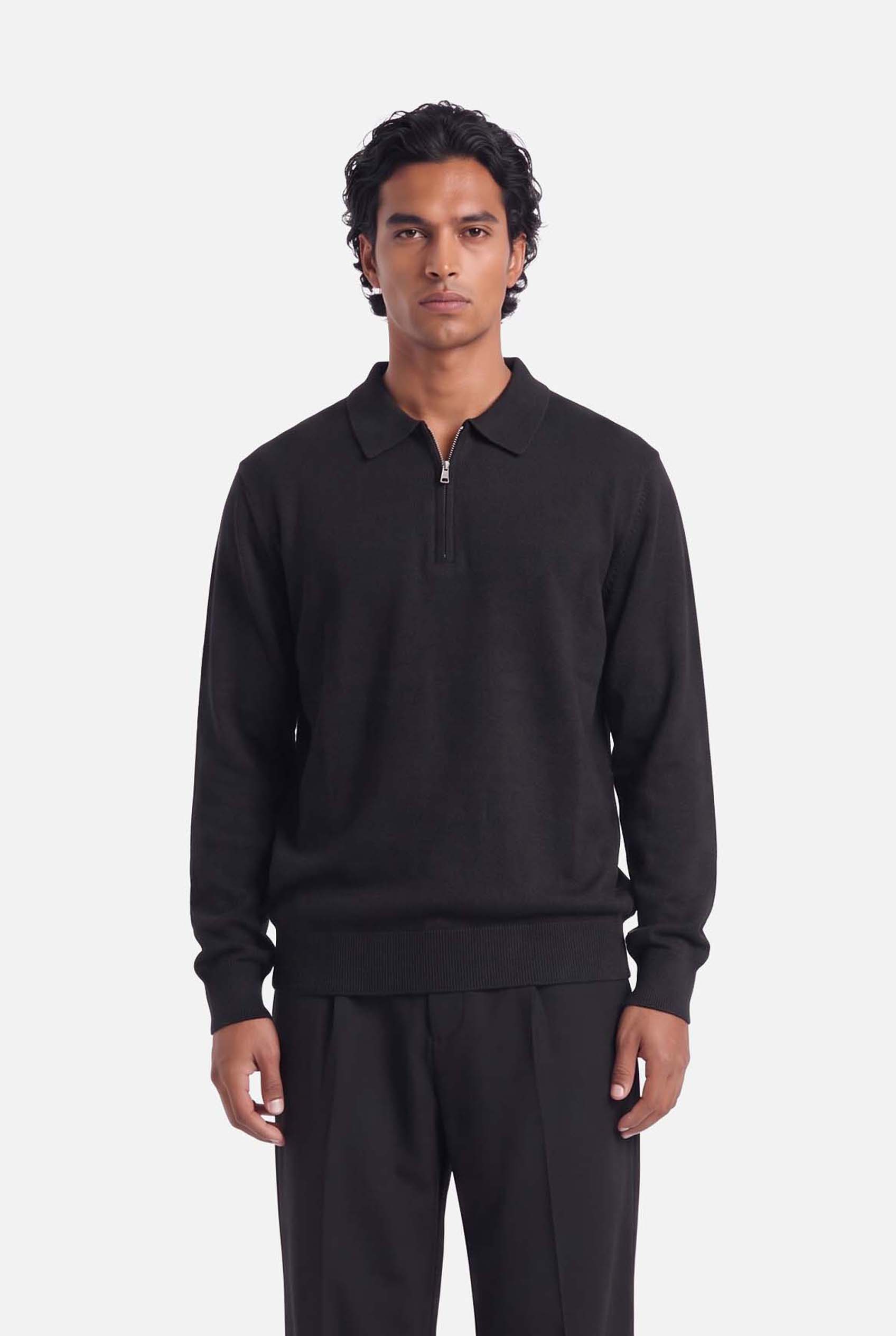 Ole | Fine Zip Polo Knit | Black - Knitwear Don't Waste Culture