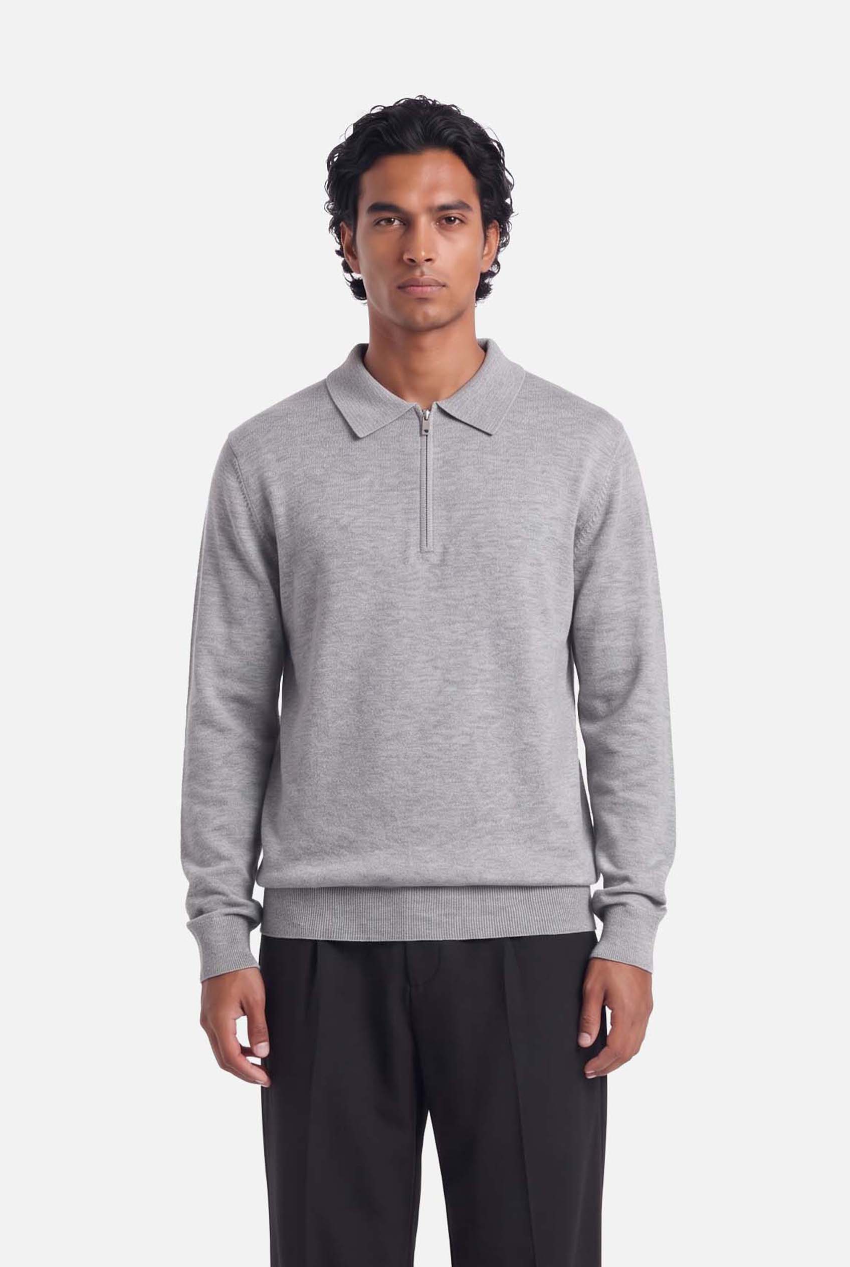 Ole | Fine Zip Polo Knit | Melange Grey - Knitwear Don't Waste Culture