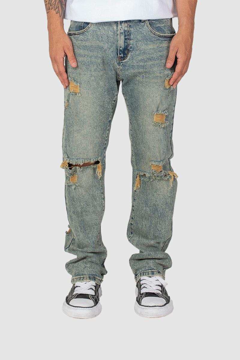 pale heavy ripped distressed streetwear jeans straight leg baggy