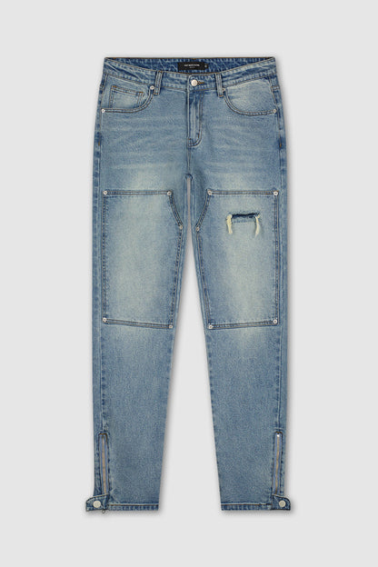 Zip Flare Carpenter Streetwear Jeans with Blue Wash