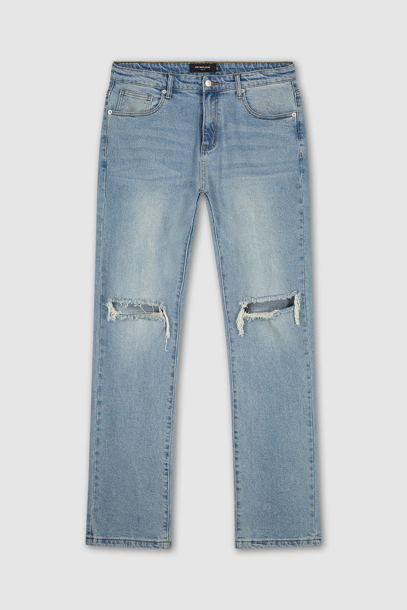 Straight leg streetwear jeans blue wash ripped knees